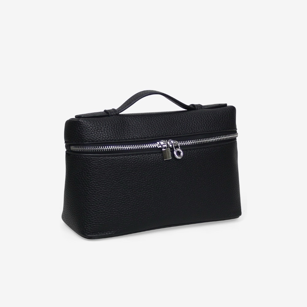 Loro Top Handle Extra Pocket Small Pouch Handbag, Black Grained Faux Leather - Picture 2 of 3
